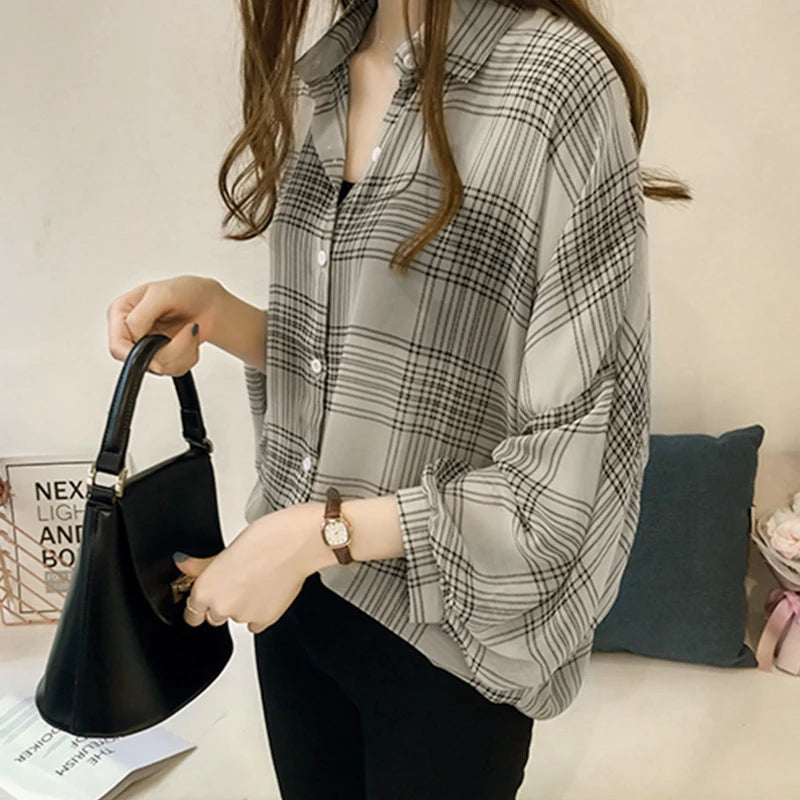 Women's Chic Plaid Long-Sleeve Shirt | Autumn Korean Casual Polo Coat