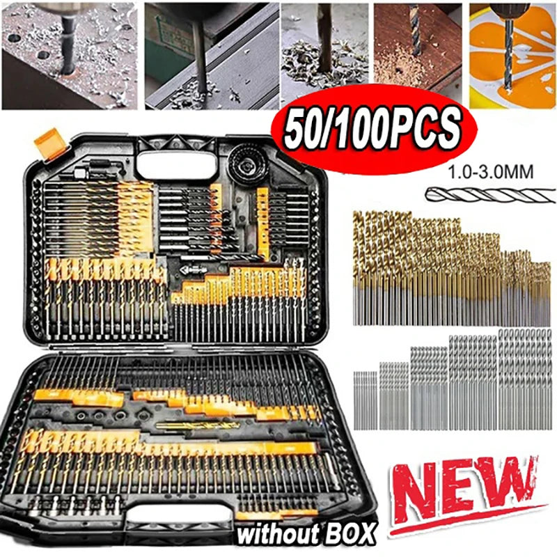 Premium Titanium Coated HSS Drill Bit Set – High Speed Steel Tools in Multiple Sizes (1-3mm) – 100/50Pcs