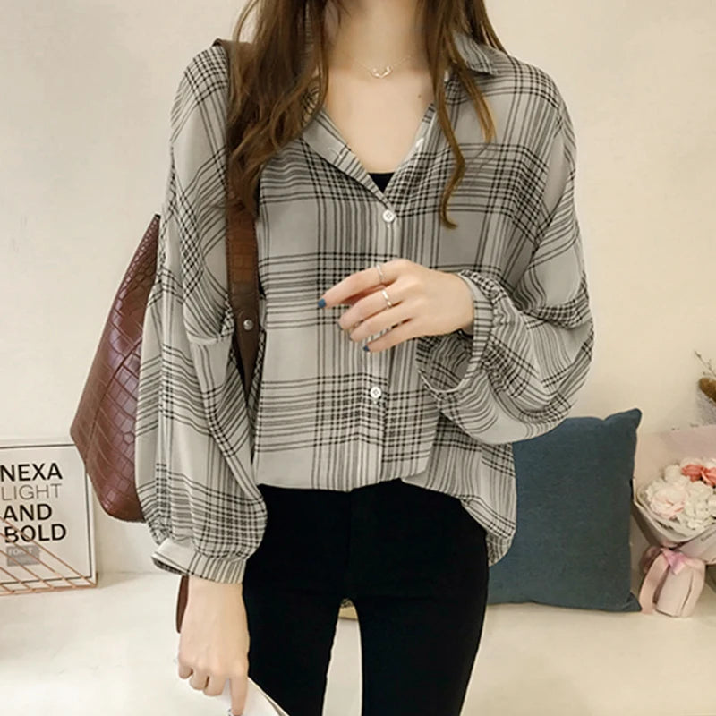 Women's Chic Plaid Long-Sleeve Shirt | Autumn Korean Casual Polo Coat