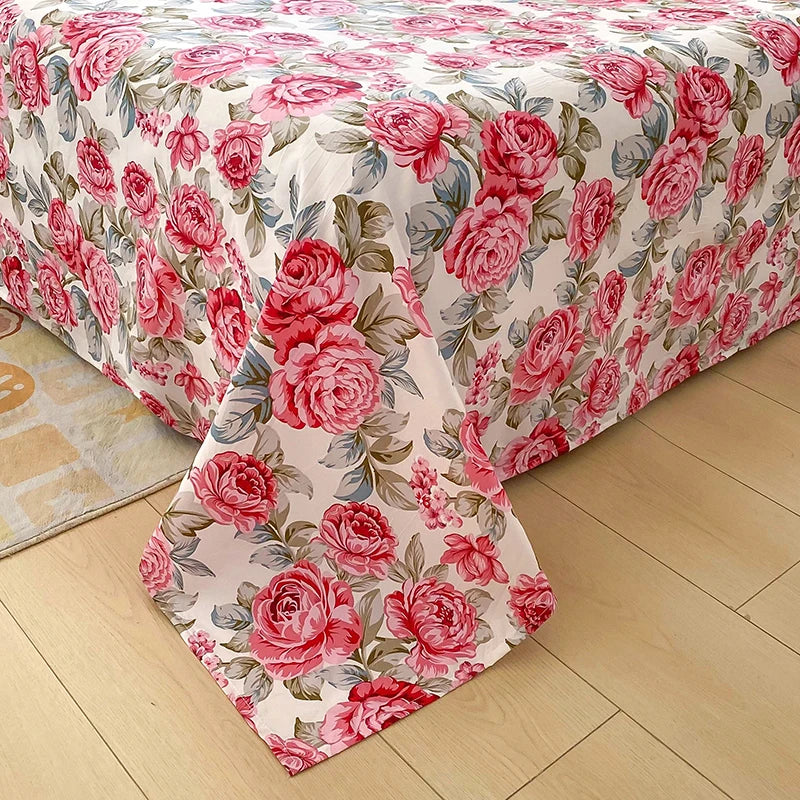 Luxurious Red Flower Printed Flat Bed Sheets - Double, Queen, and King Sizes Available - Premium Reactive Print