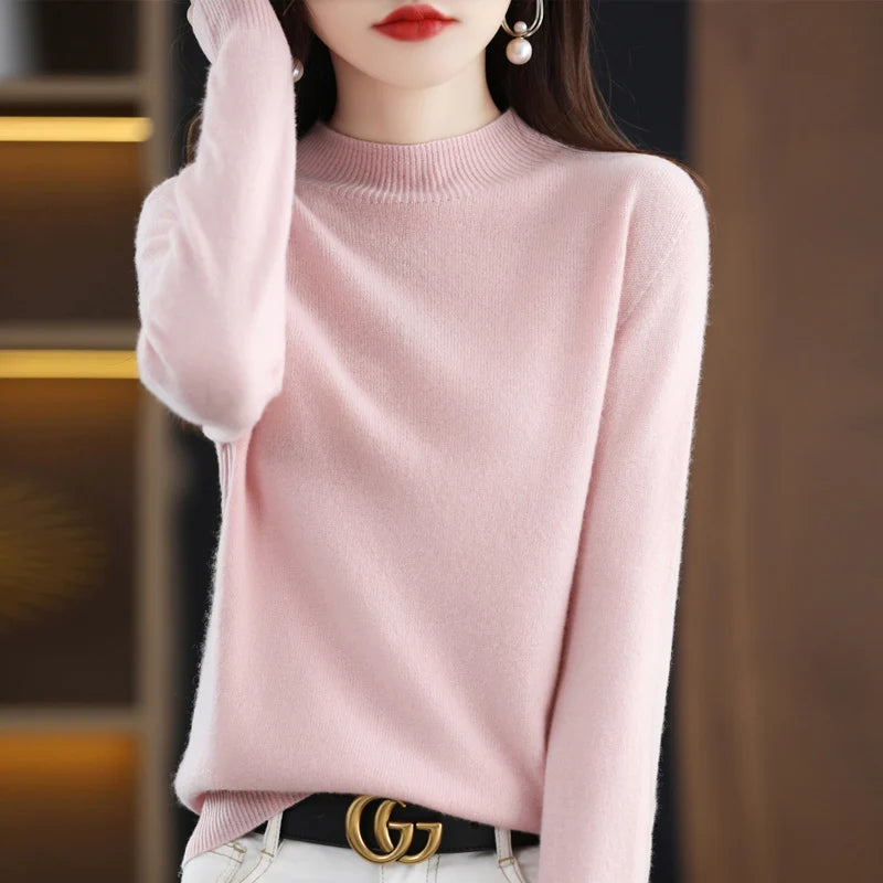 Luxurious 100% Pure Wool Half-Neck Cashmere Pullover: Women's Casual Knit Top for Autumn & Winter - 19 Vibrant Colors