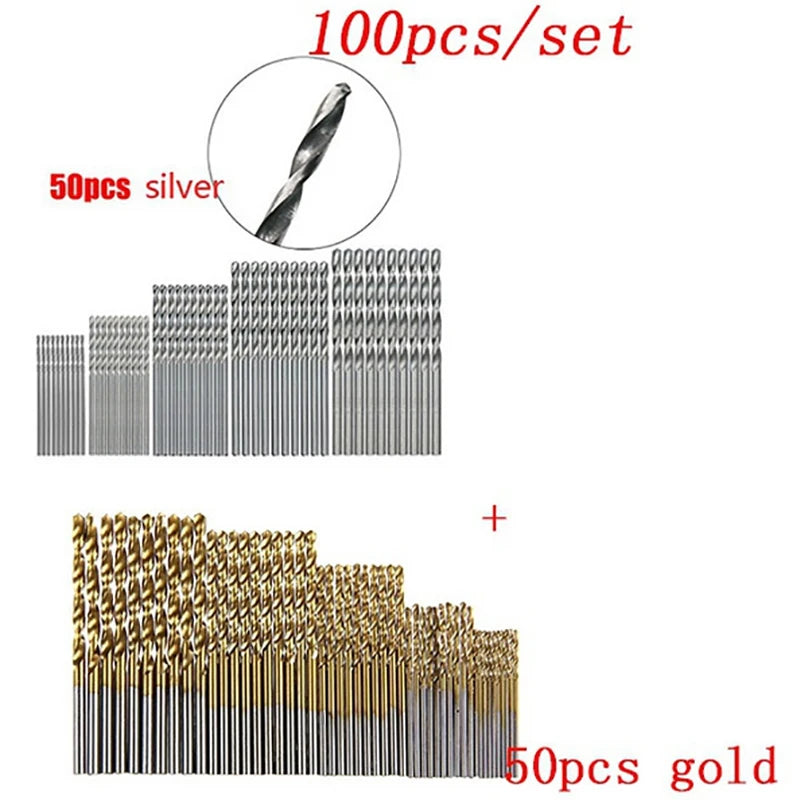 Premium Titanium Coated HSS Drill Bit Set – High Speed Steel Tools in Multiple Sizes (1-3mm) – 100/50Pcs