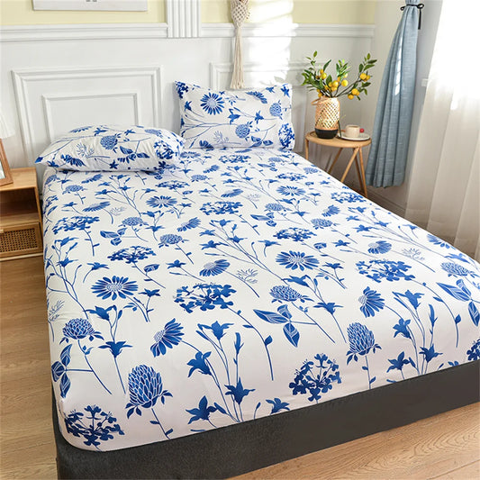 Blue Floral Elastic Fitted Bed Sheet - Twin/Queen/King Sizes, Reactive Printed Mattress Cover