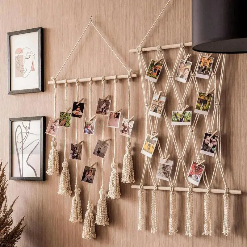 Boho Chic Macrame Photo Display – Perfect Wall Art for Teen Girls' Rooms & Home Offices with 10 Clips for Personalized Decor