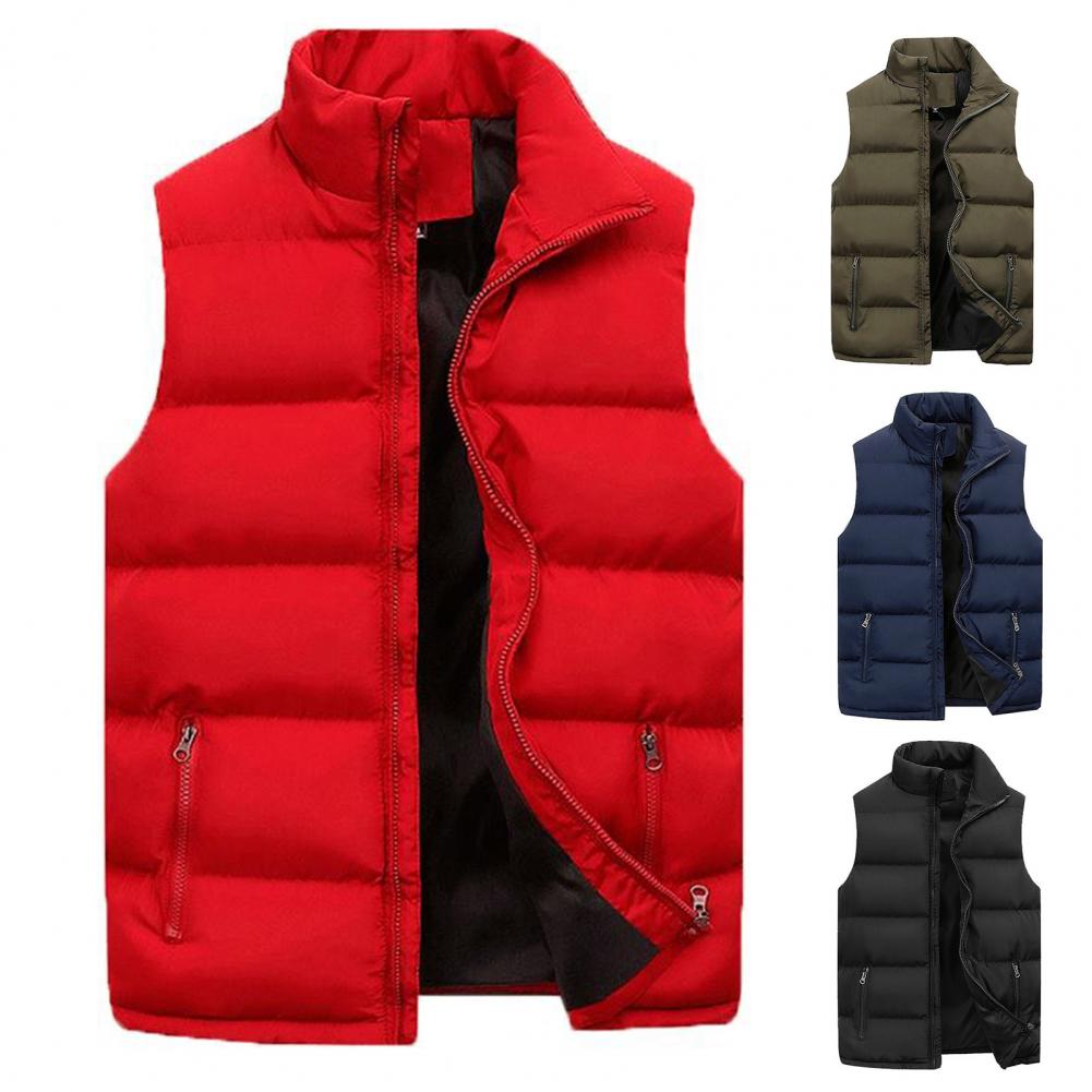 Men's Padded Stand Collar Sleeveless Jacket - Solid Color, Thicken, Cold-Proof Cotton Vest Waistcoat