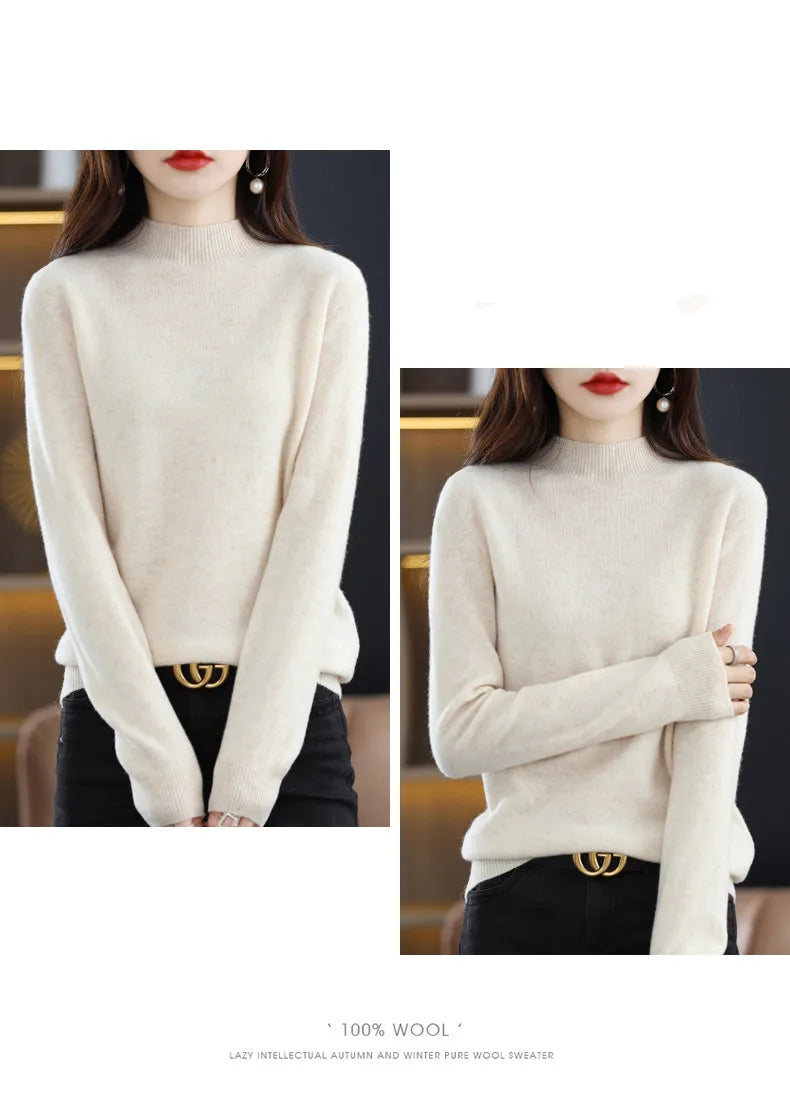 Luxurious 100% Pure Wool Half-Neck Cashmere Pullover: Women's Casual Knit Top for Autumn & Winter - 19 Vibrant Colors