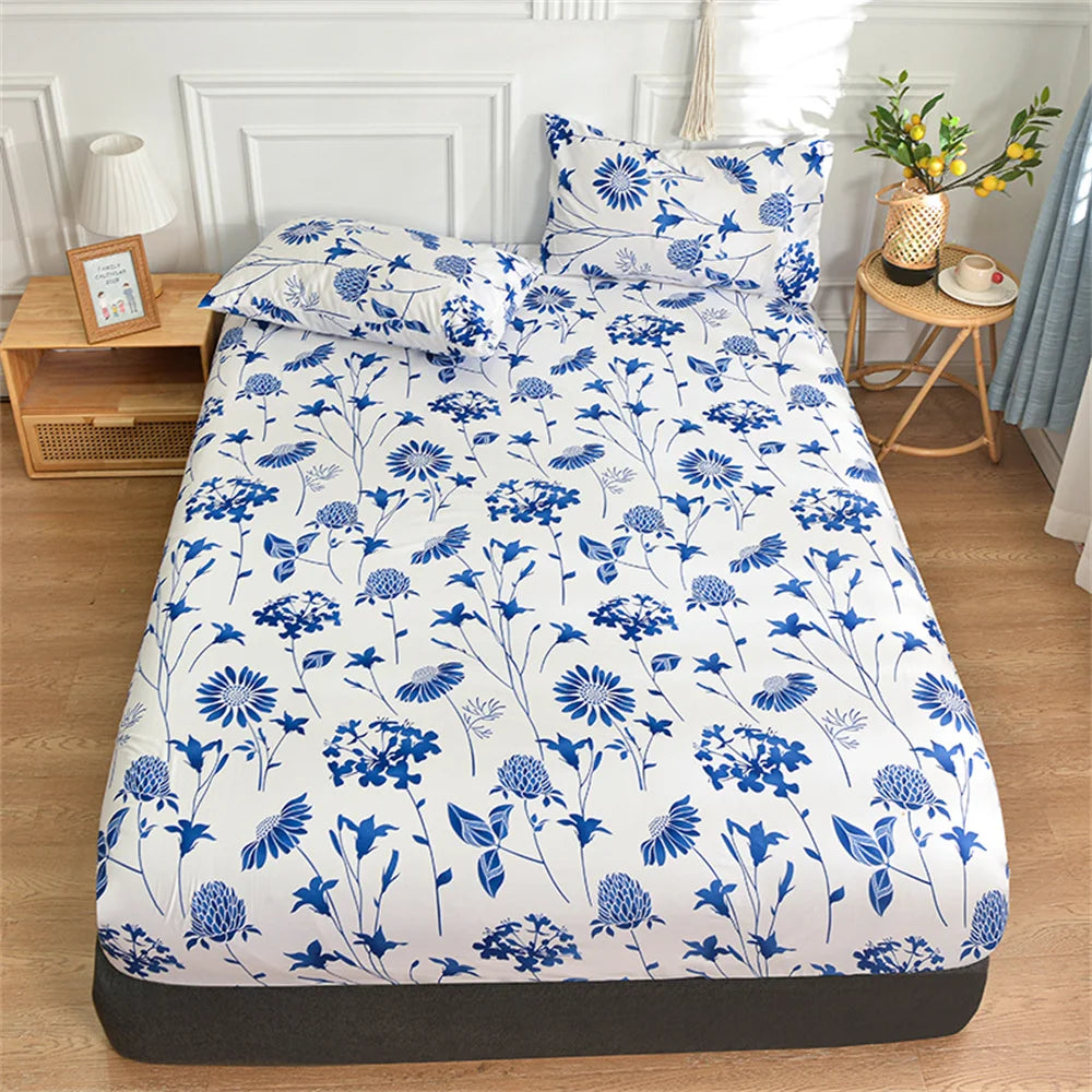 Blue Floral Elastic Fitted Bed Sheet - Twin/Queen/King Sizes, Reactive Printed Mattress Cover