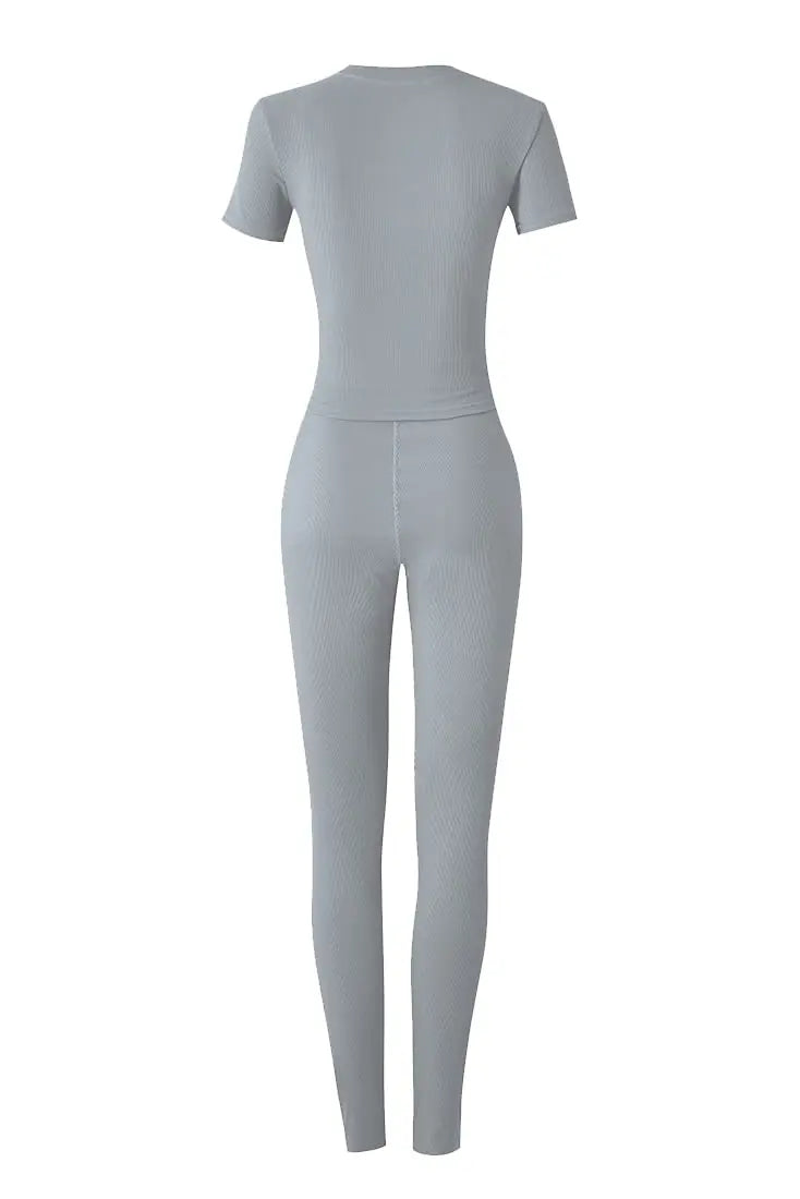 Effortless Elegance: Women's Ribbed Summer Lounge Set with Short Sleeve Top & Elastic Leggings