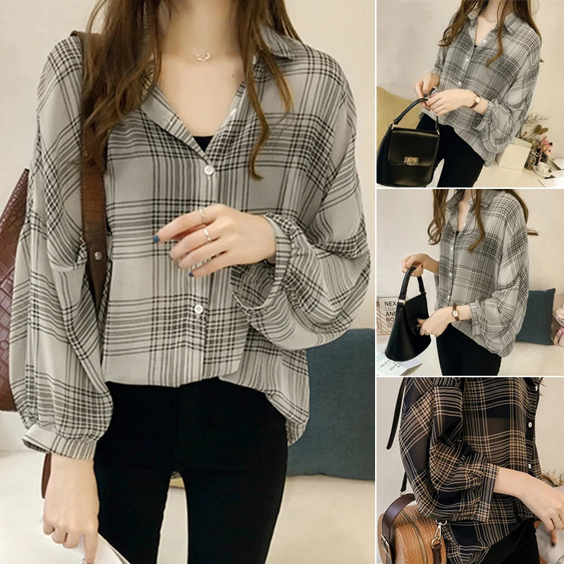 Women's Chic Plaid Long-Sleeve Shirt | Autumn Korean Casual Polo Coat