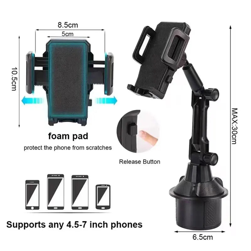 Multi-Functional Car Phone Holder & Water Cup Mount – Anti-Slip, Adjustable Long Tube for Seamless Navigation