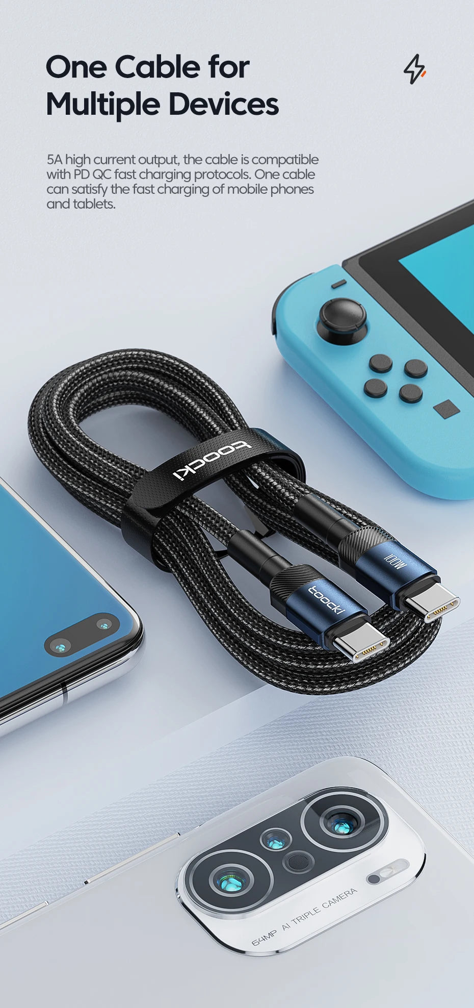 100W Speed: Ultimate USB-C to C Charging & Data Cables from Toocki for mobile phones