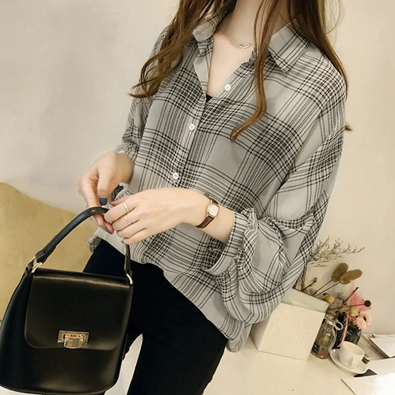 Women's Chic Plaid Long-Sleeve Shirt | Autumn Korean Casual Polo Coat