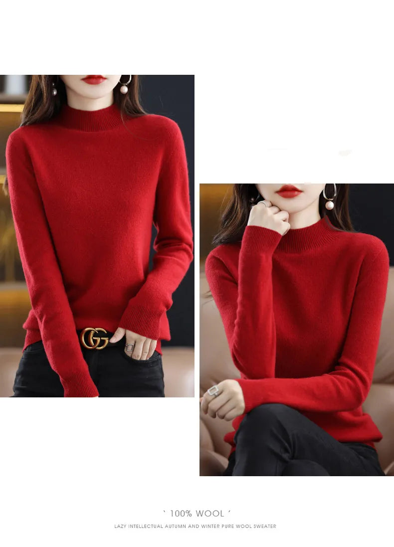 Luxurious 100% Pure Wool Half-Neck Cashmere Pullover: Women's Casual Knit Top for Autumn & Winter - 19 Vibrant Colors