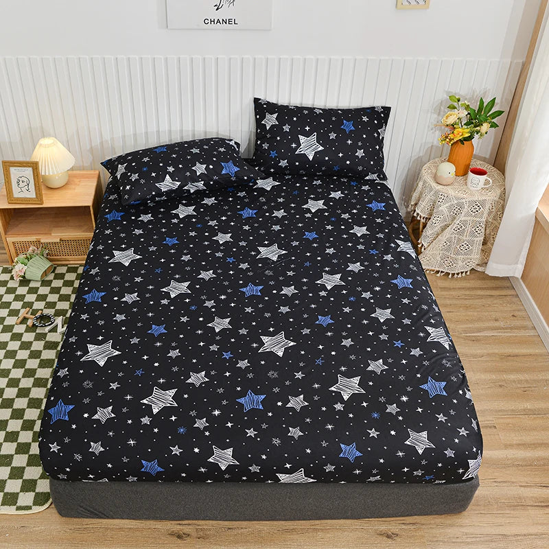 Blue Floral Elastic Fitted Bed Sheet - Twin/Queen/King Sizes, Reactive Printed Mattress Cover