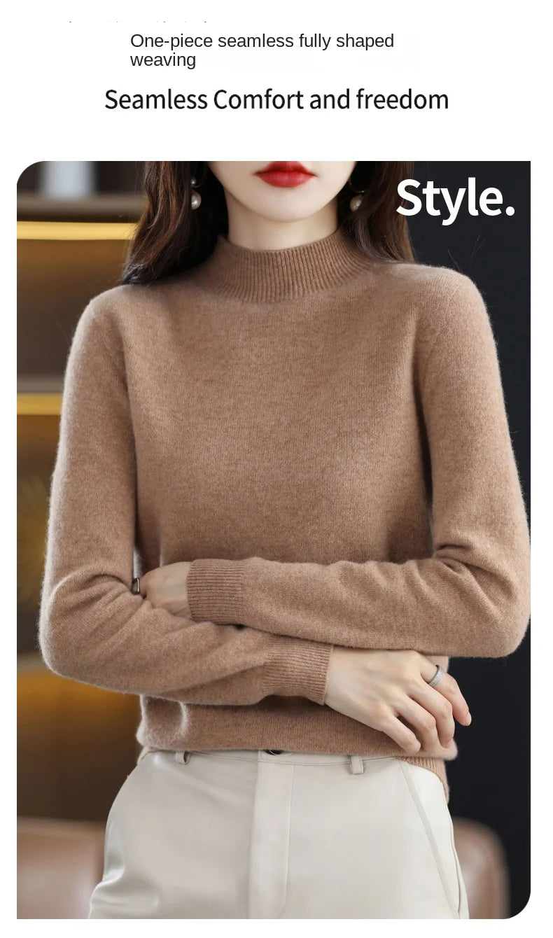 Luxurious 100% Pure Wool Half-Neck Cashmere Pullover: Women's Casual Knit Top for Autumn & Winter - 19 Vibrant Colors