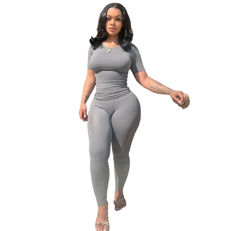 Effortless Elegance: Women's Ribbed Summer Lounge Set with Short Sleeve Top & Elastic Leggings