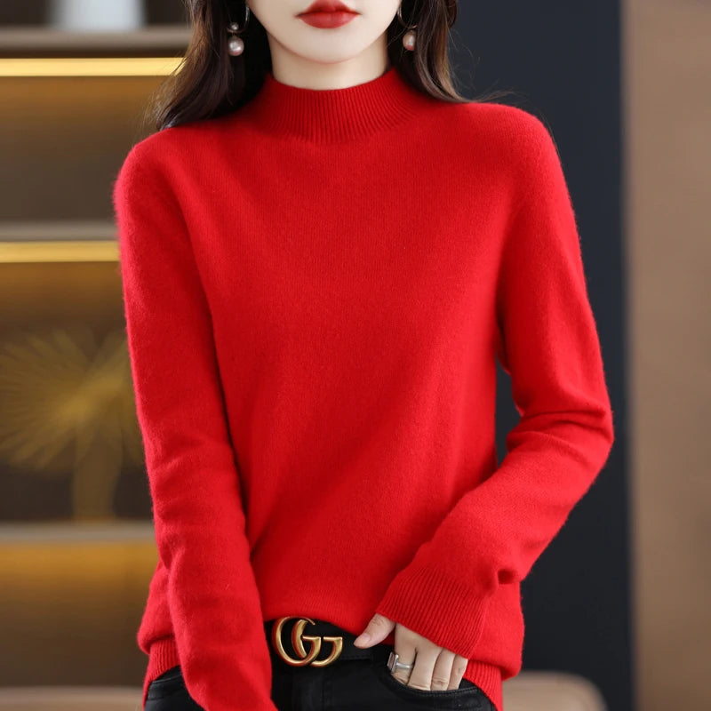 Luxurious 100% Pure Wool Half-Neck Cashmere Pullover: Women's Casual Knit Top for Autumn & Winter - 19 Vibrant Colors