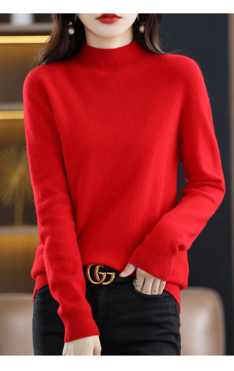 Luxurious 100% Pure Wool Half-Neck Cashmere Pullover: Women's Casual Knit Top for Autumn & Winter - 19 Vibrant Colors