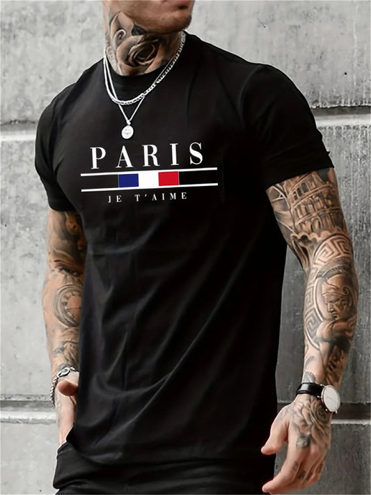 Men's 100% Pure Cotton Casual PARIS Print Summer Loose Fit Round Neck T-Shirt