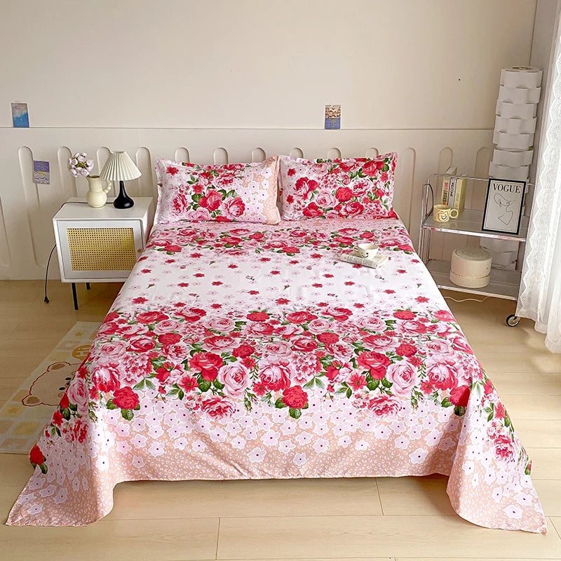 Luxurious Red Flower Printed Flat Bed Sheets - Double, Queen, and King Sizes Available - Premium Reactive Print