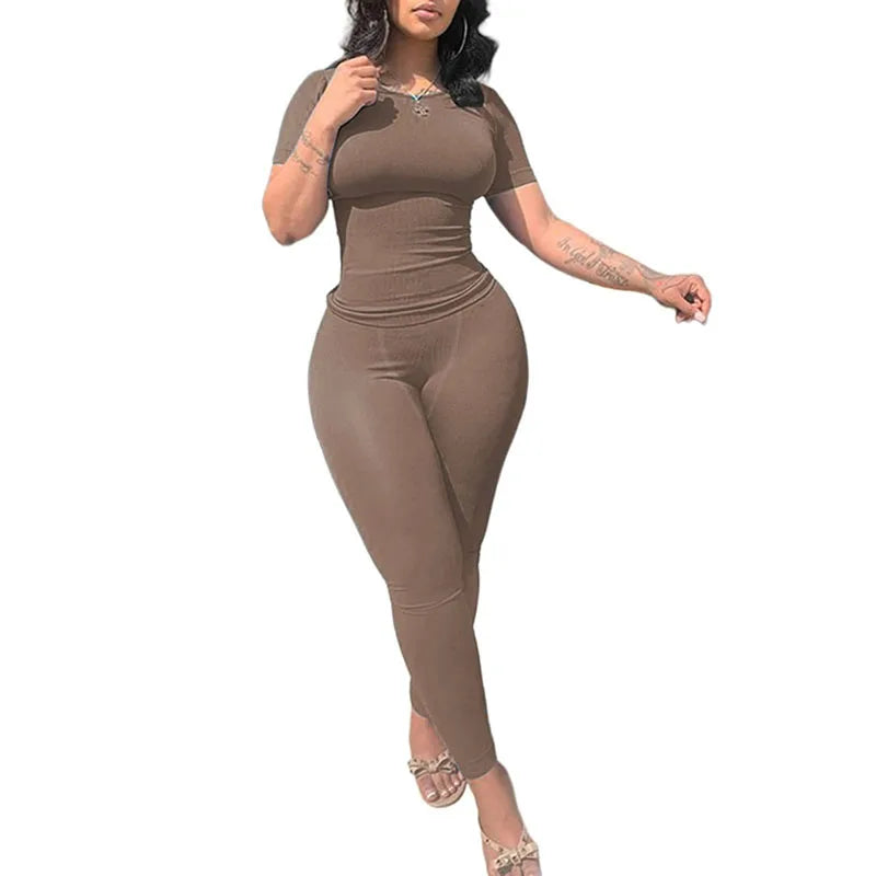 Effortless Elegance: Women's Ribbed Summer Lounge Set with Short Sleeve Top & Elastic Leggings