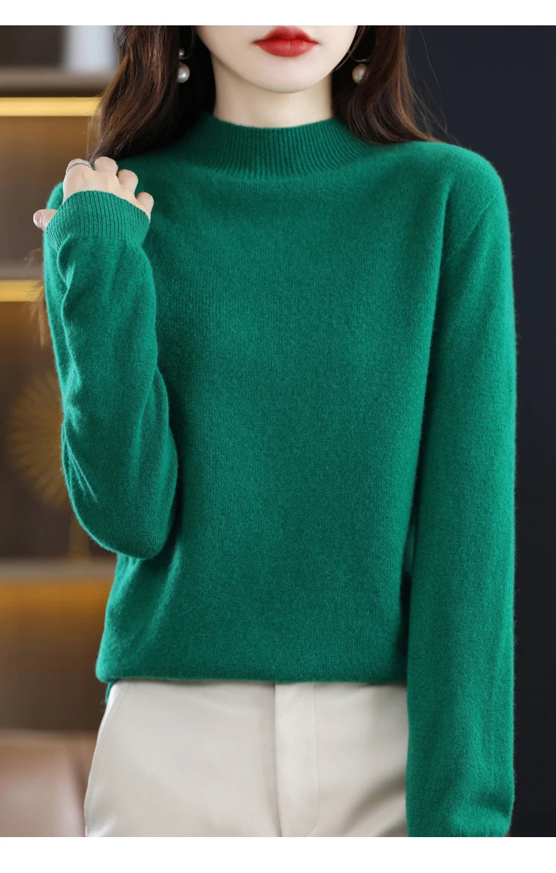 Luxurious 100% Pure Wool Half-Neck Cashmere Pullover: Women's Casual Knit Top for Autumn & Winter - 19 Vibrant Colors