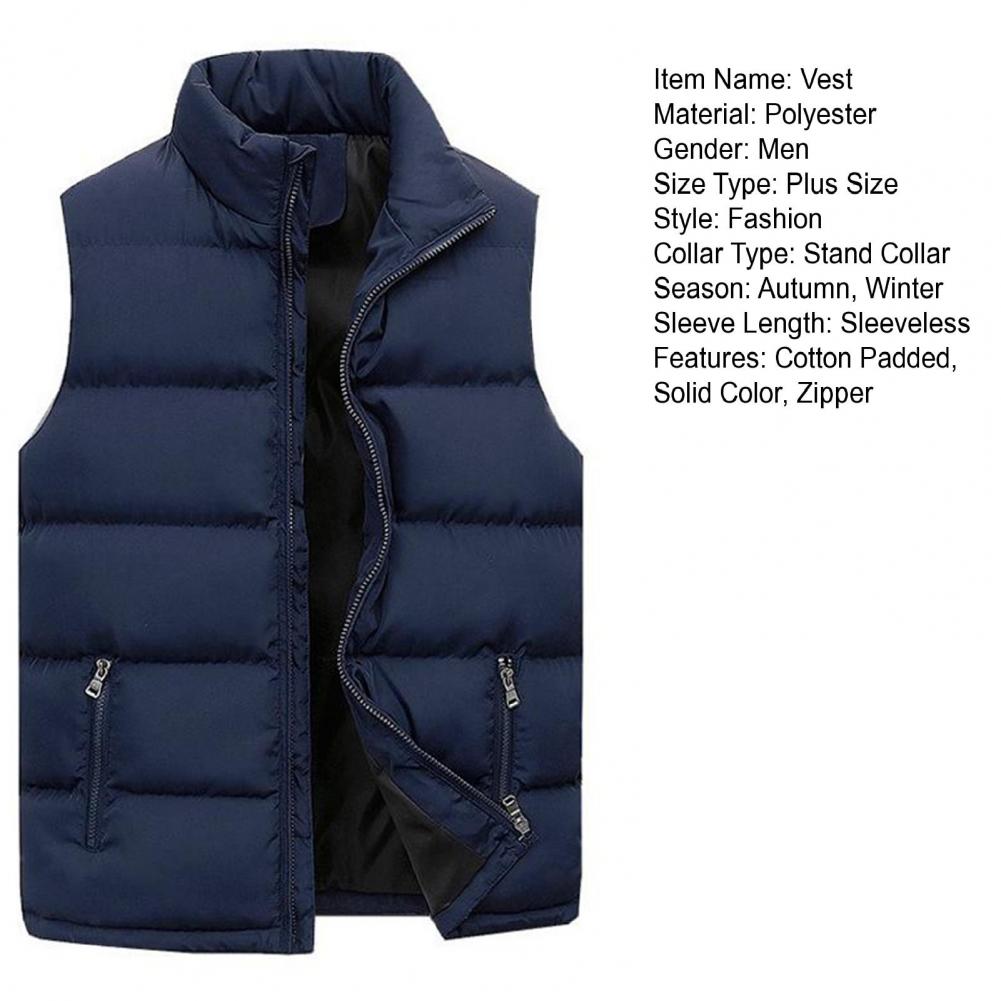 Men's Padded Stand Collar Sleeveless Jacket - Solid Color, Thicken, Cold-Proof Cotton Vest Waistcoat