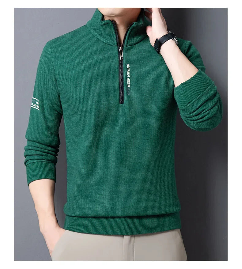 Men's Luxury Thick Knit Turtleneck: Solid Color, Half-Zip, Warm & Fashionable Sweater