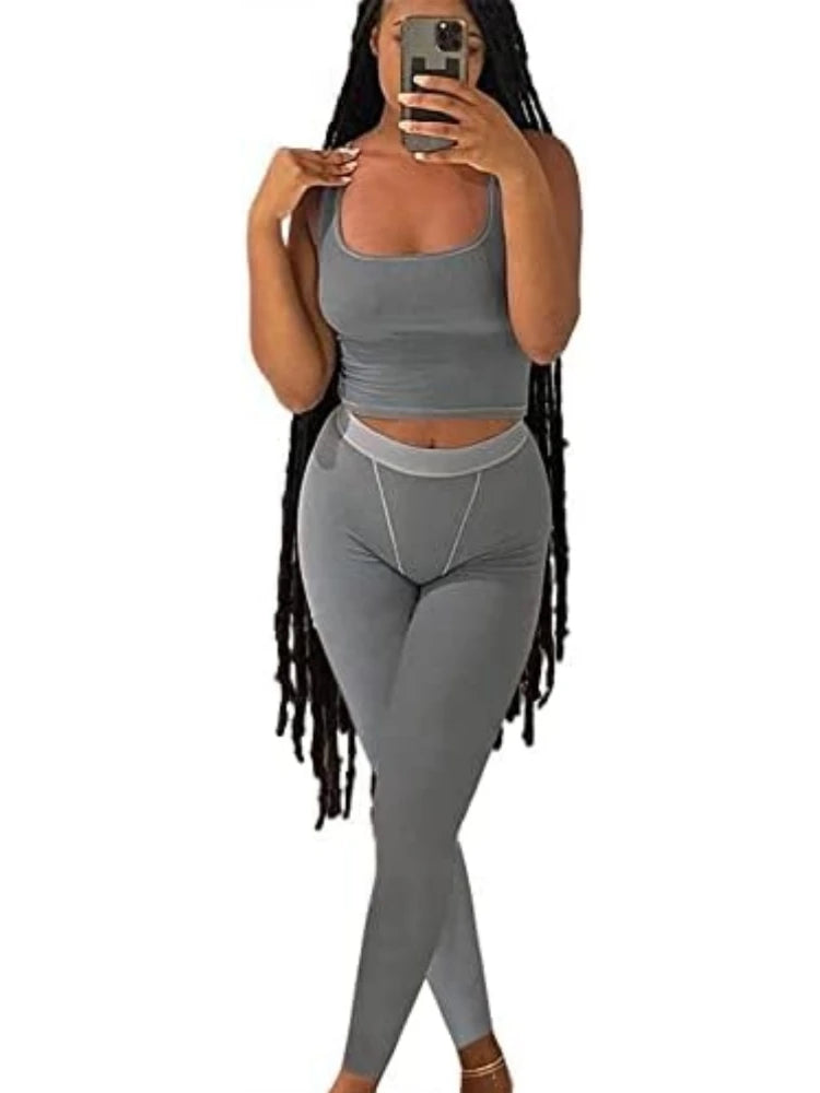 Chic & Comfy: Women's Ribbed Workout Set - Crop Tank Top & High Waist Leggings