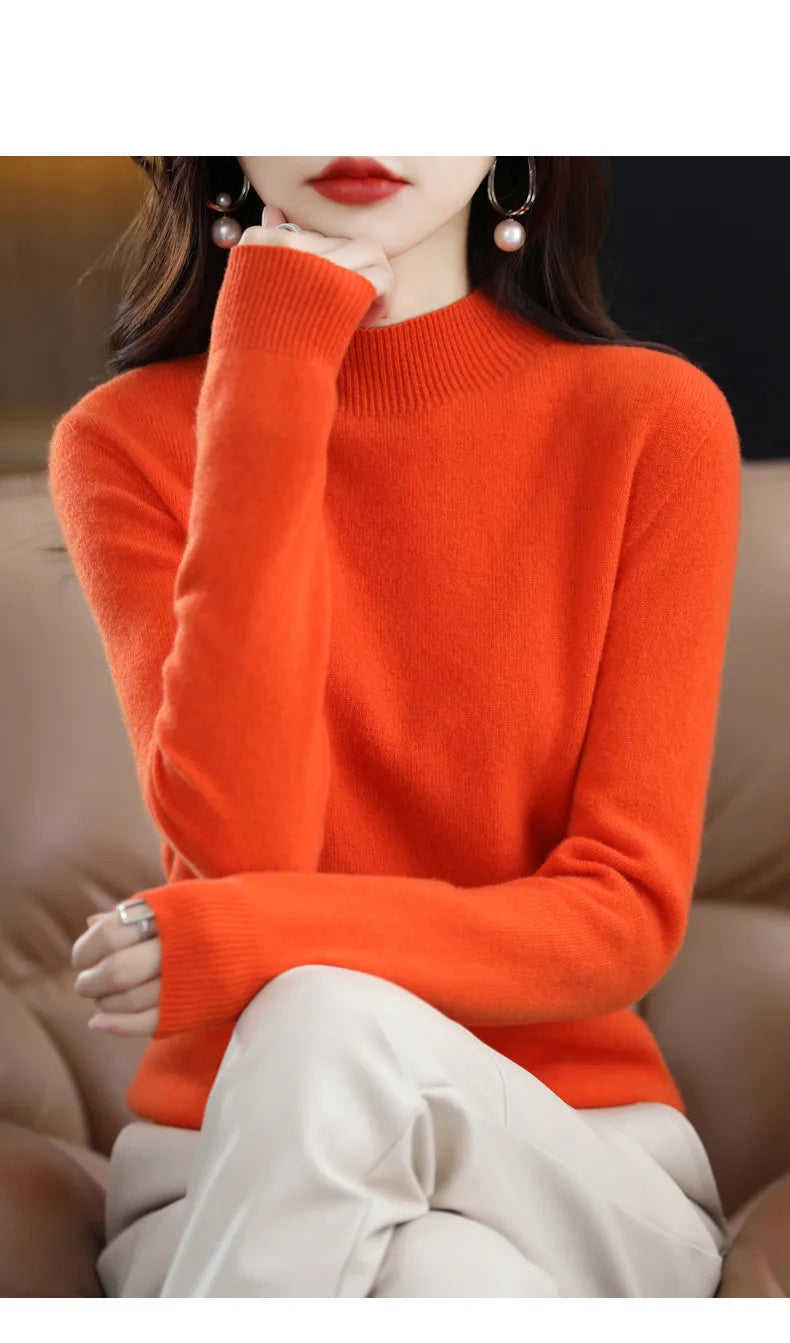 Luxurious 100% Pure Wool Half-Neck Cashmere Pullover: Women's Casual Knit Top for Autumn & Winter - 19 Vibrant Colors