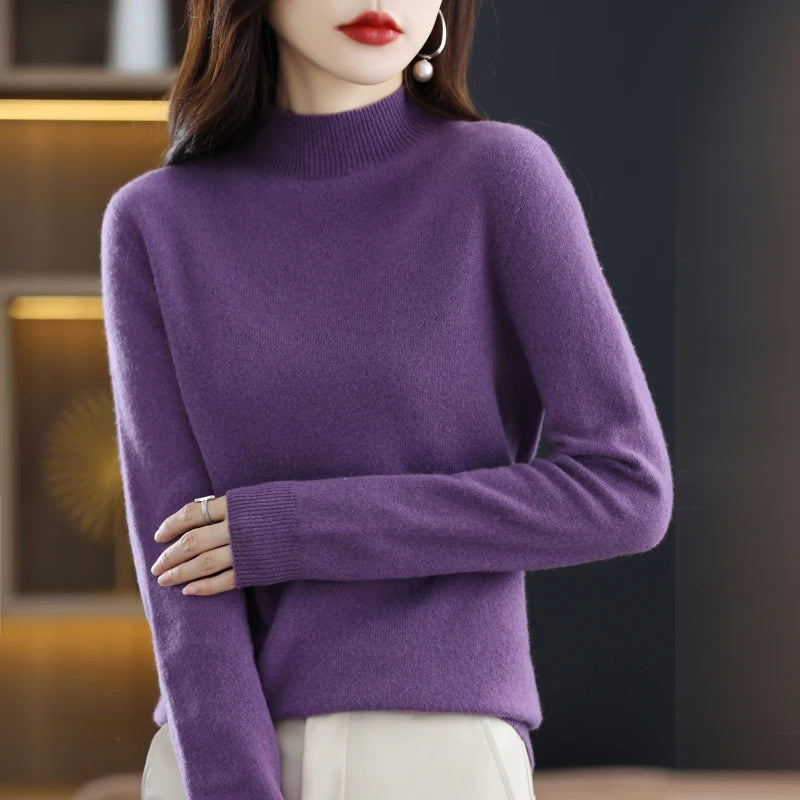 Luxurious 100% Pure Wool Half-Neck Cashmere Pullover: Women's Casual Knit Top for Autumn & Winter - 19 Vibrant Colors