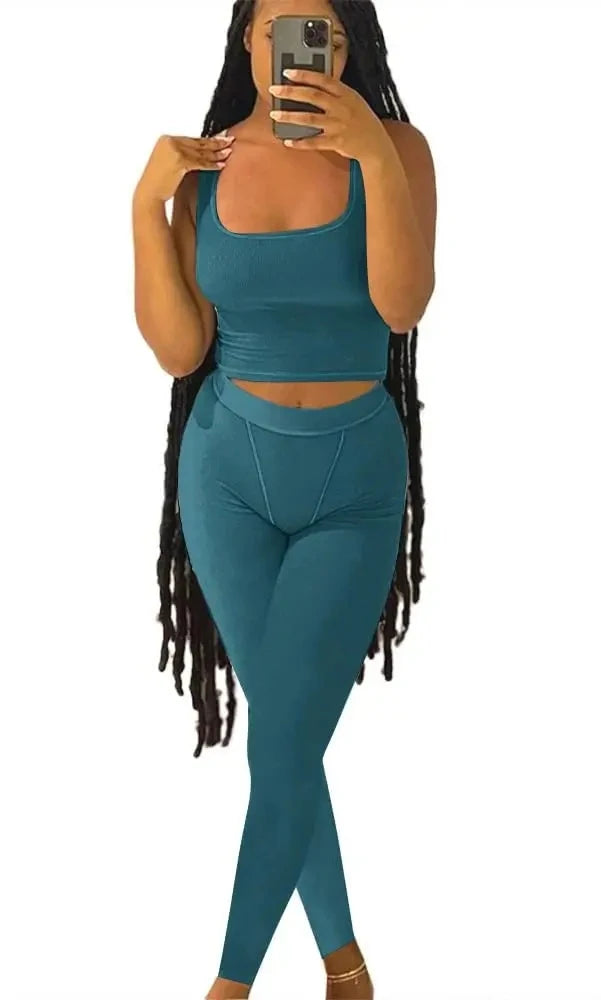 Effortless Elegance: Women's Ribbed Summer Lounge Set with Short Sleeve Top & Elastic Leggings