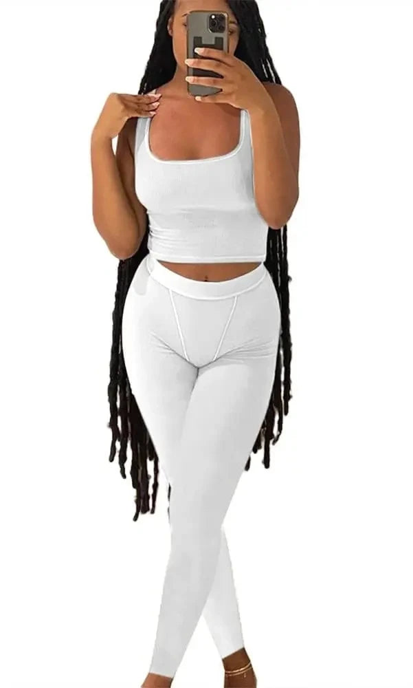 Effortless Elegance: Women's Ribbed Summer Lounge Set with Short Sleeve Top & Elastic Leggings