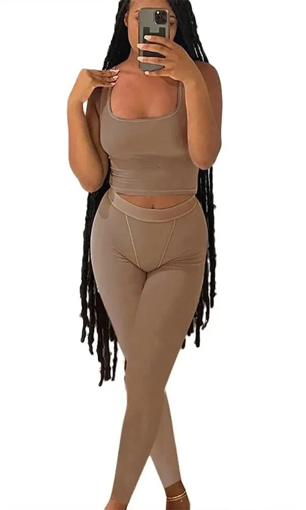 Effortless Elegance: Women's Ribbed Summer Lounge Set with Short Sleeve Top & Elastic Leggings