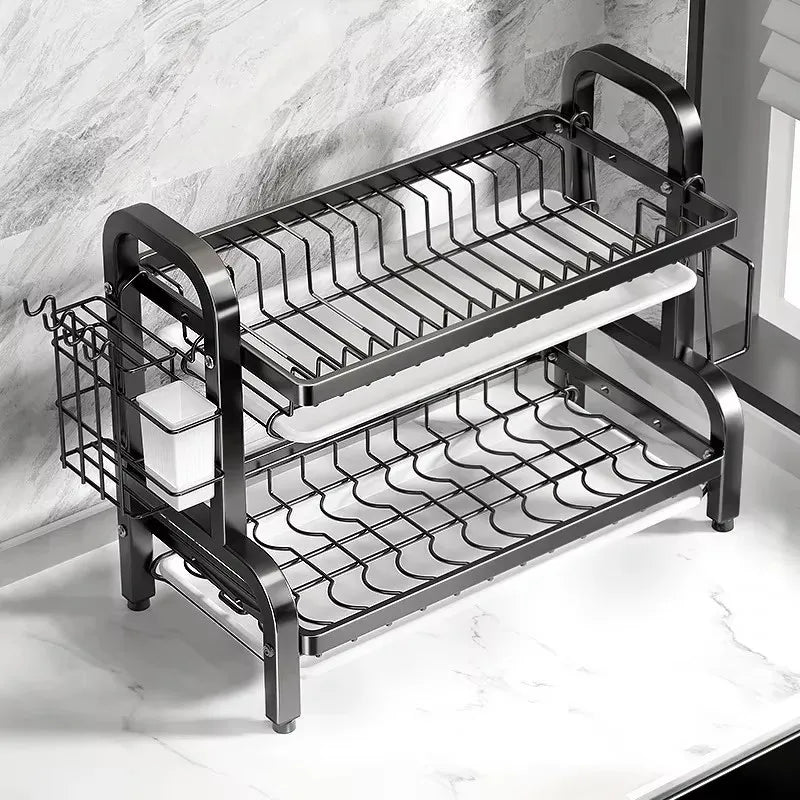 Ultimate 2-Tier Rust-Proof Dish Drying Rack with Drainboard and Utensil Holder – Maximize Compact Kitchen Space