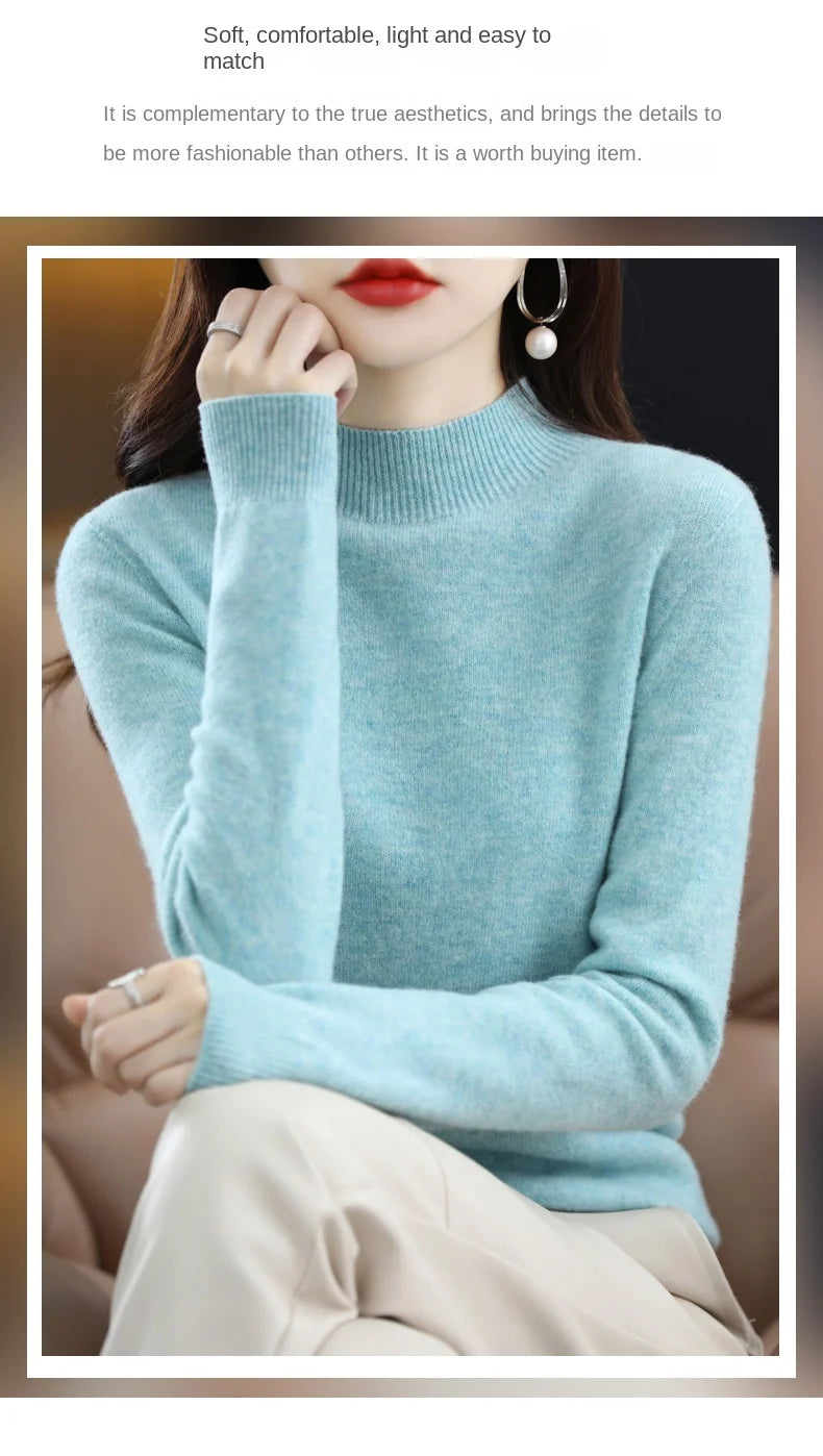 Luxurious 100% Pure Wool Half-Neck Cashmere Pullover: Women's Casual Knit Top for Autumn & Winter - 19 Vibrant Colors