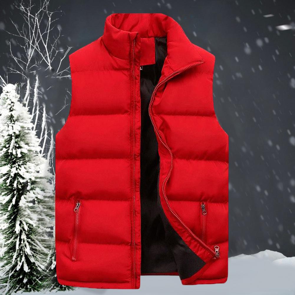 Men's Padded Stand Collar Sleeveless Jacket - Solid Color, Thicken, Cold-Proof Cotton Vest Waistcoat