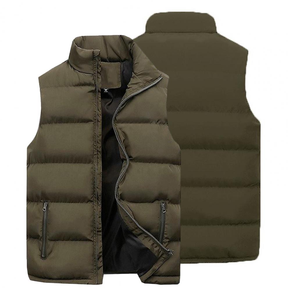 Men's Padded Stand Collar Sleeveless Jacket - Solid Color, Thicken, Cold-Proof Cotton Vest Waistcoat