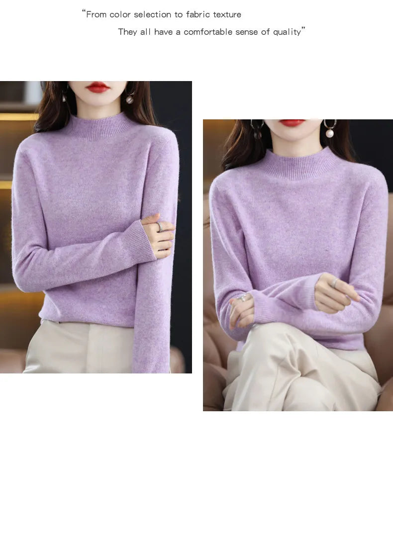 Luxurious 100% Pure Wool Half-Neck Cashmere Pullover: Women's Casual Knit Top for Autumn & Winter - 19 Vibrant Colors