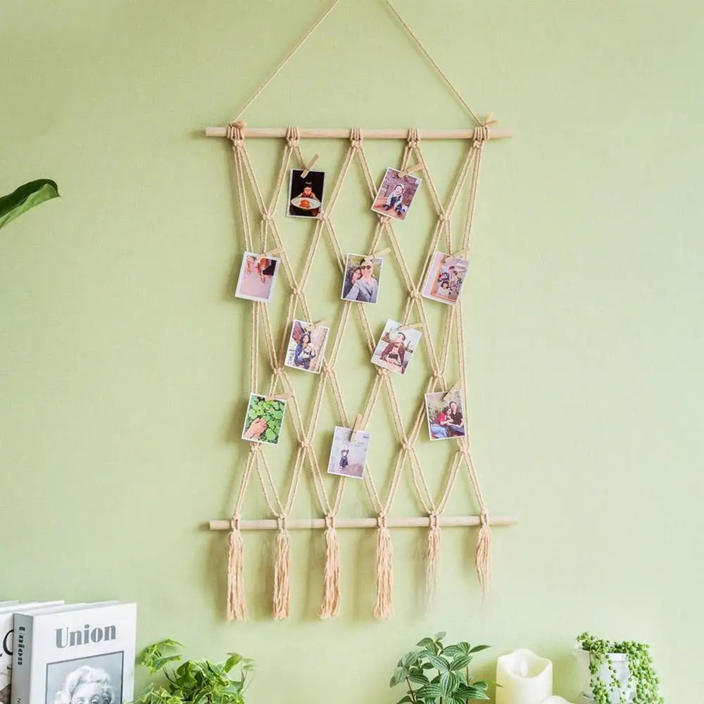 Boho Chic Macrame Photo Display – Perfect Wall Art for Teen Girls' Rooms & Home Offices with 10 Clips for Personalized Decor