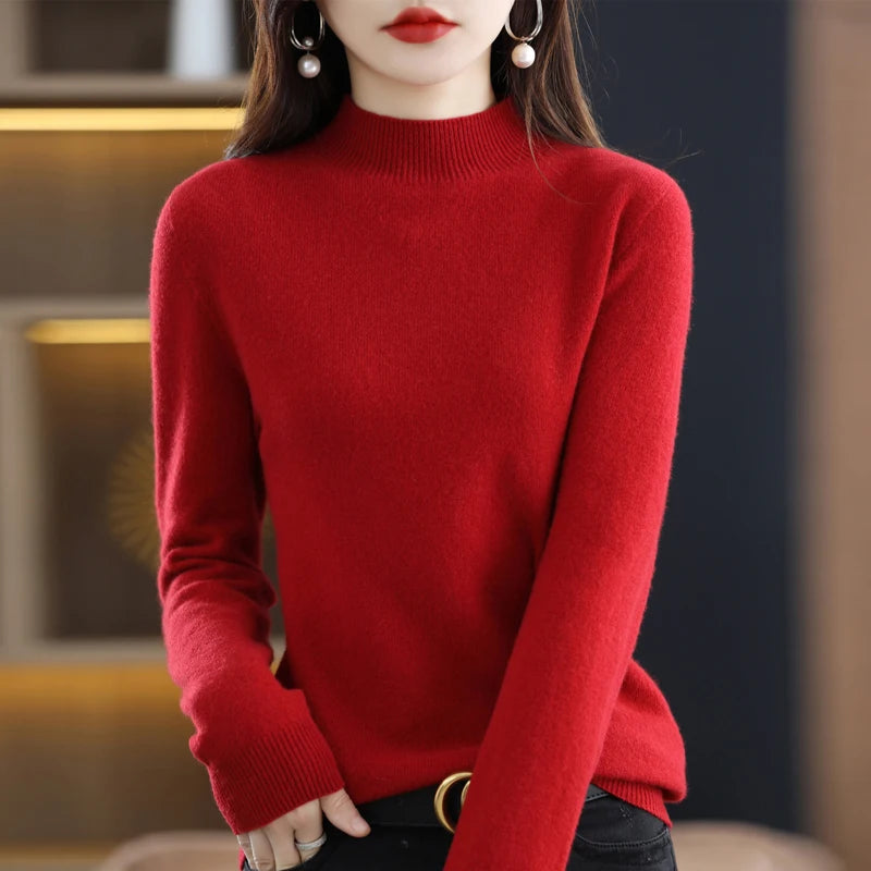 Luxurious 100% Pure Wool Half-Neck Cashmere Pullover: Women's Casual Knit Top for Autumn & Winter - 19 Vibrant Colors