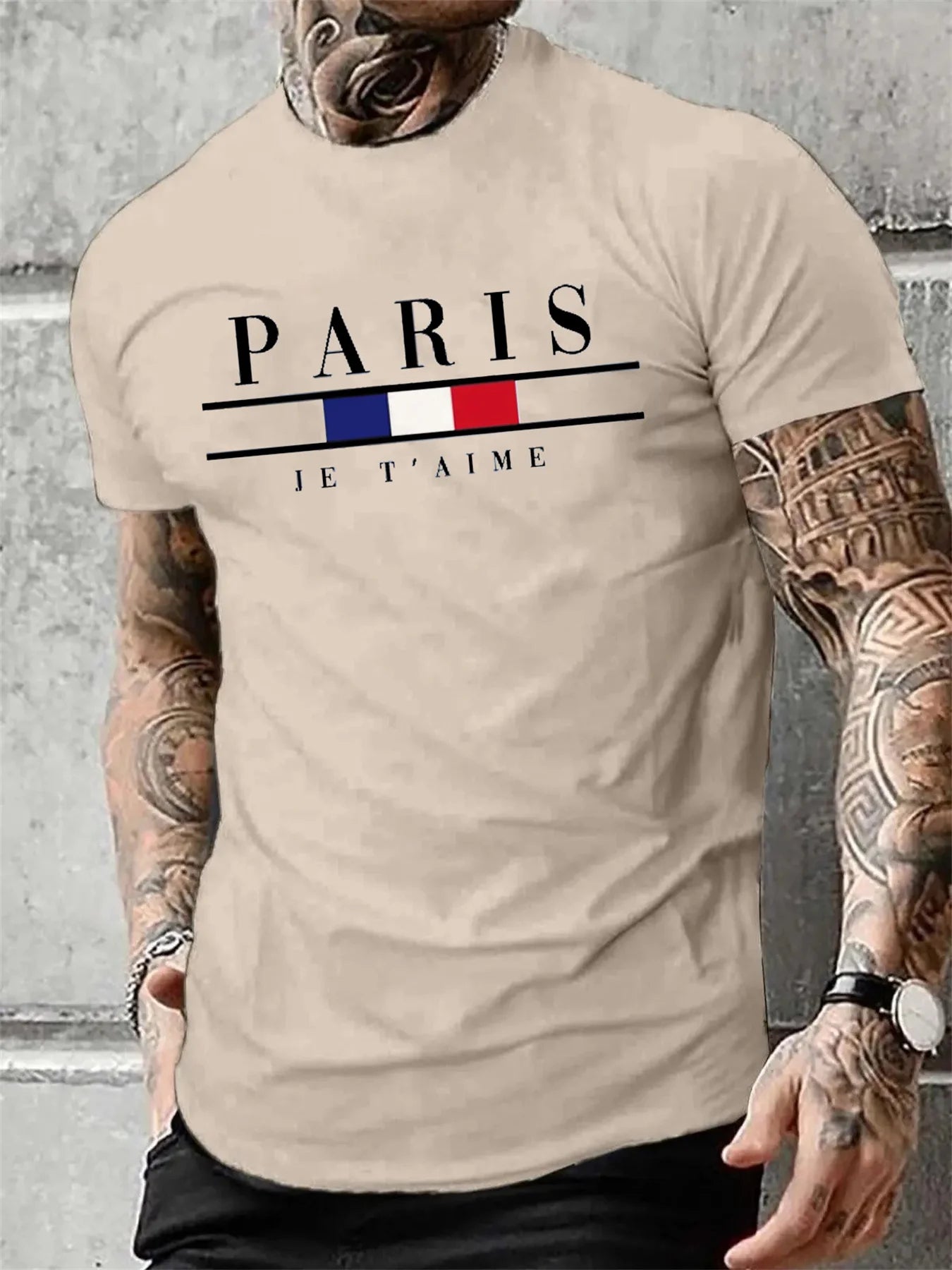 Men's 100% Pure Cotton Casual PARIS Print Summer Loose Fit Round Neck T-Shirt