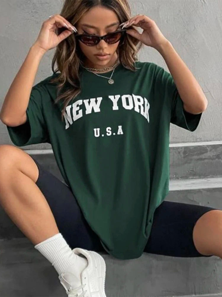 Blessyuki New York Retro O-Neck Tees: Casual Streetwear for Women - Harajuku Style, Plus Size, Perfect Summer Essential