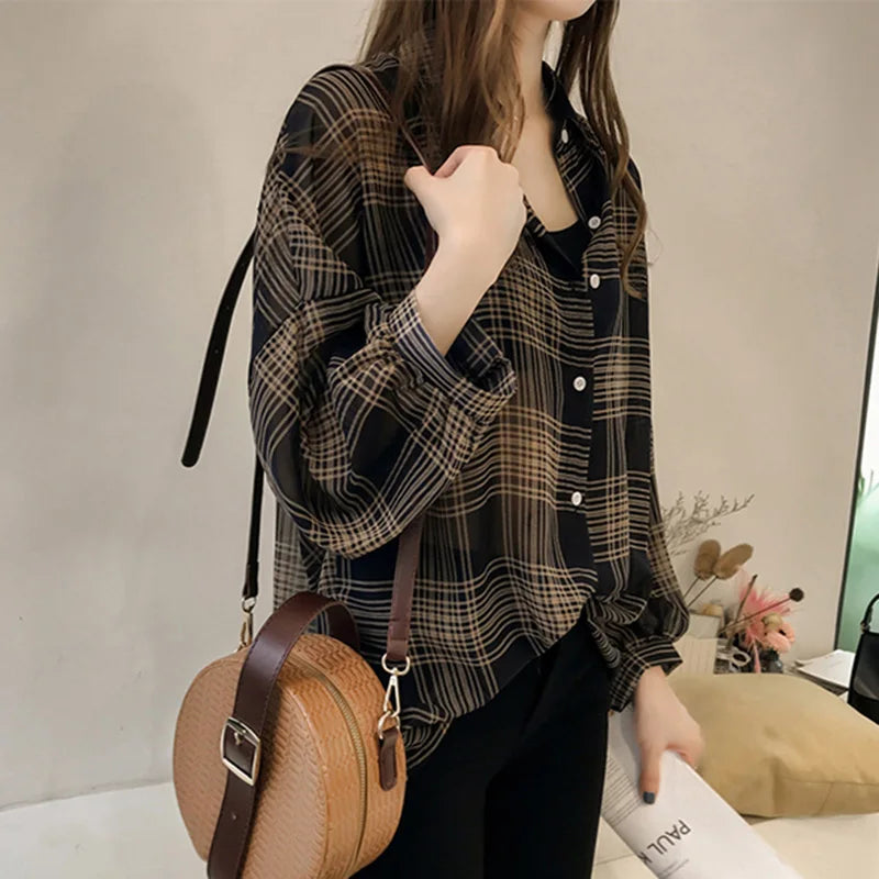 Women's Chic Plaid Long-Sleeve Shirt | Autumn Korean Casual Polo Coat