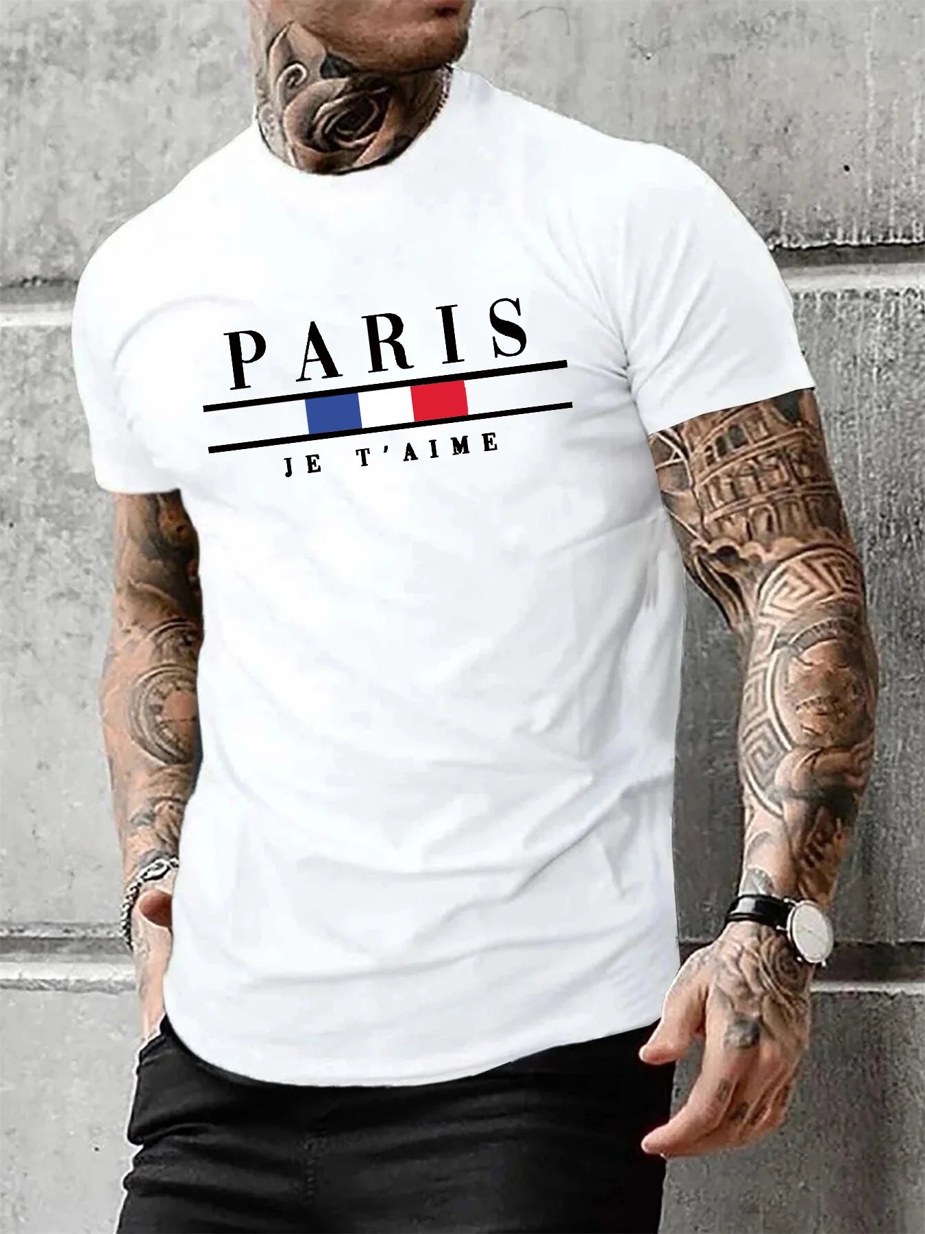 Men's 100% Pure Cotton Casual PARIS Print Summer Loose Fit Round Neck T-Shirt