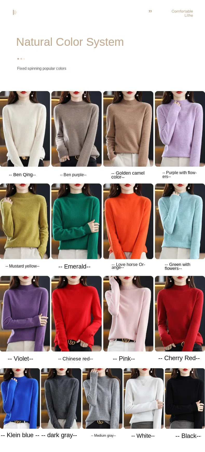 Luxurious 100% Pure Wool Half-Neck Cashmere Pullover: Women's Casual Knit Top for Autumn & Winter - 19 Vibrant Colors