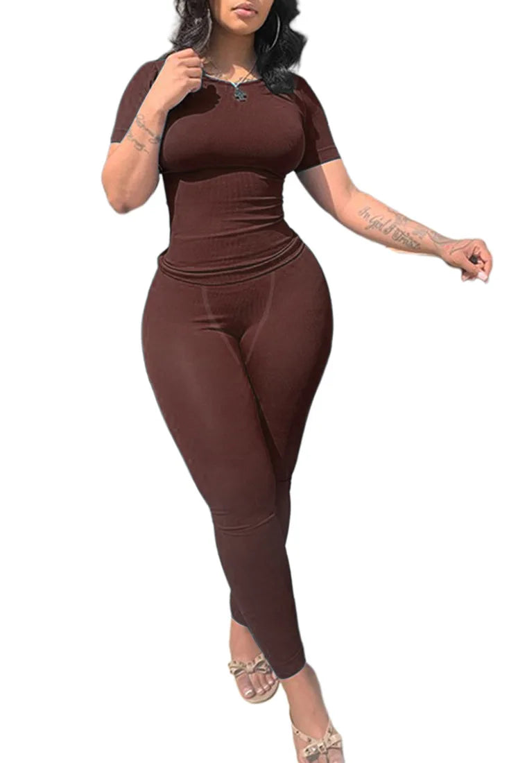 Effortless Elegance: Women's Ribbed Summer Lounge Set with Short Sleeve Top & Elastic Leggings