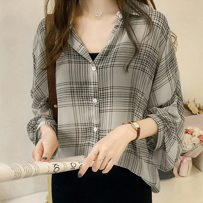 Women's Chic Plaid Long-Sleeve Shirt | Autumn Korean Casual Polo Coat