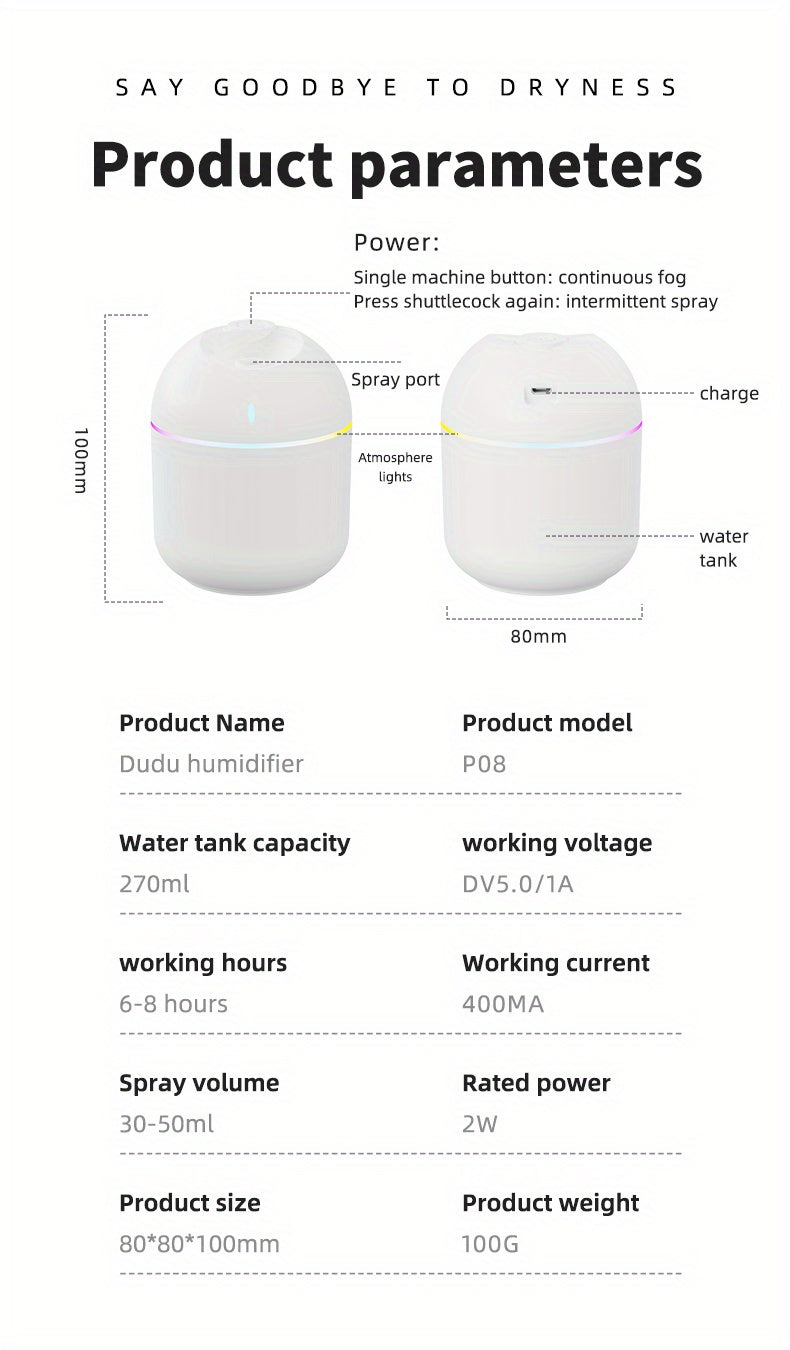 270ML Air Humidifier & Cool Mist Aroma Diffuser with LED Night Light & Power-Off Protection, USB Powered for Home & Office